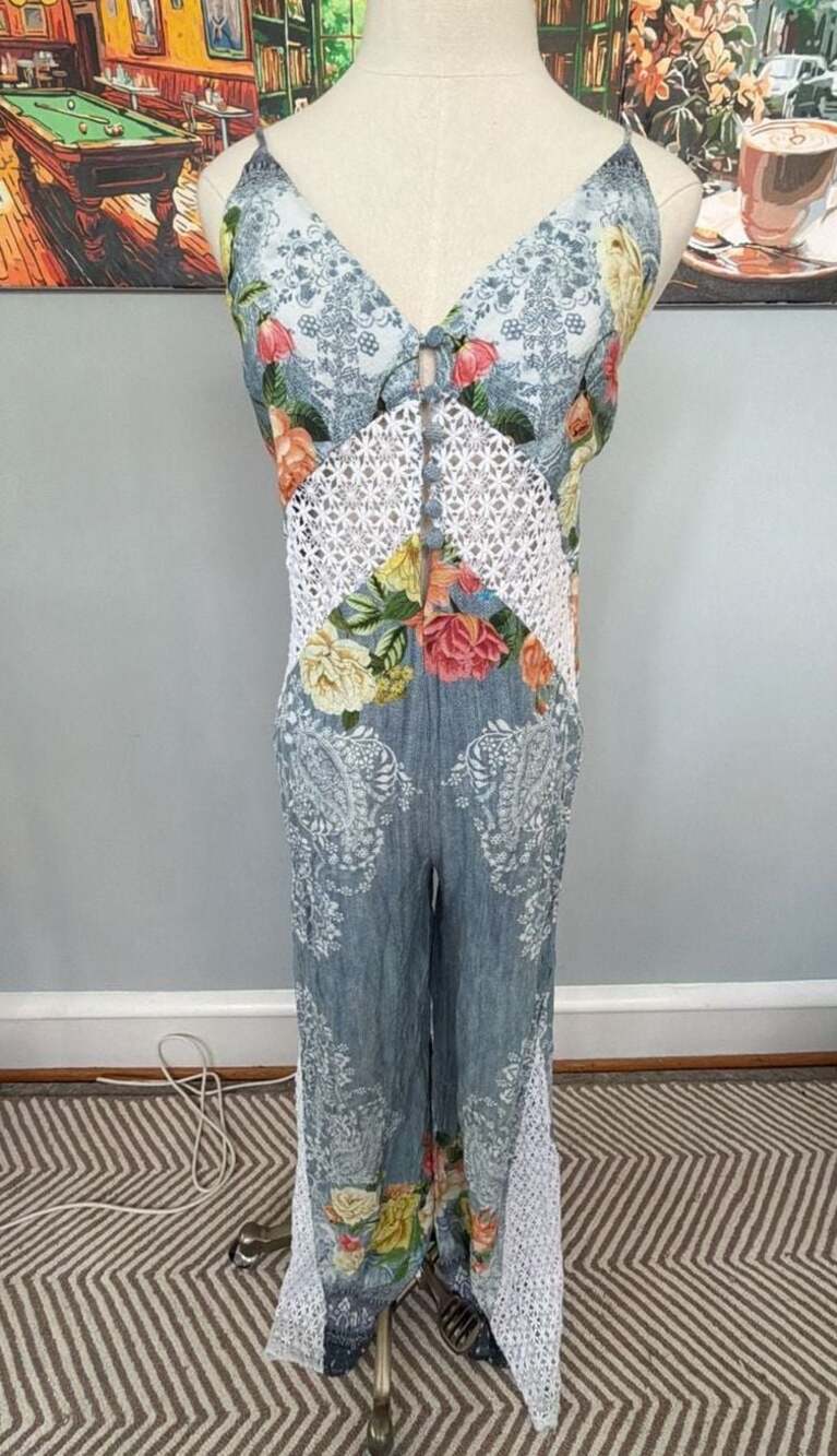 FARM Rio Floral Paisley Mixed Print Jumpsuit with Crochet Lace Insets